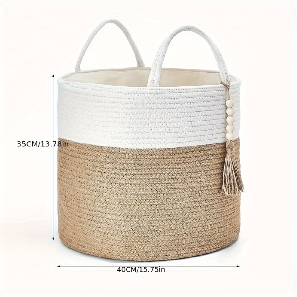 Storage Basket Foldable Two-Tone Macramé Boho Handwoven with Rope Handles