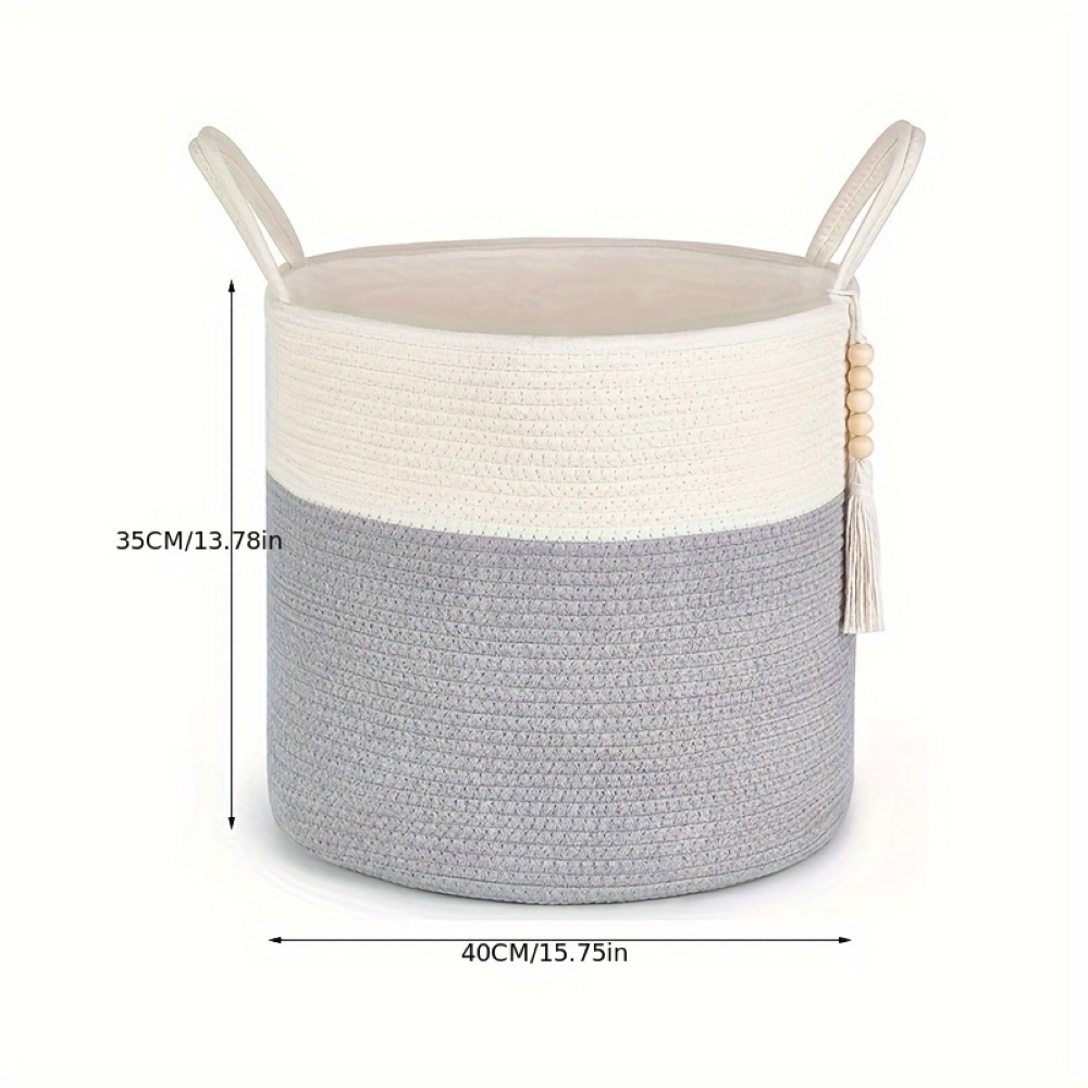 Storage Basket Foldable Two-Tone Macramé Boho Handwoven with Rope Handles