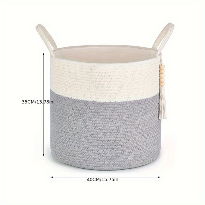 Storage Basket Foldable Two-Tone Macramé Boho Handwoven with Rope Handles