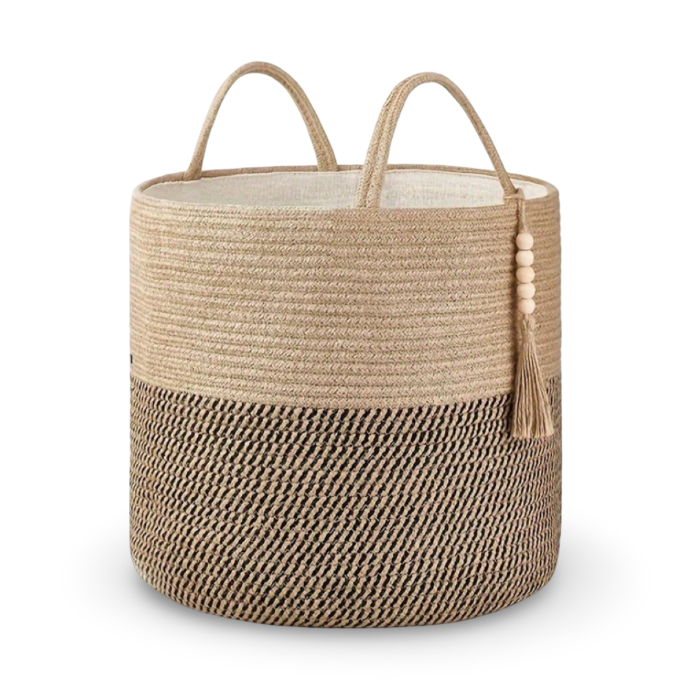 Storage Basket Foldable Two-Tone Macramé Boho Handwoven with Rope Handles