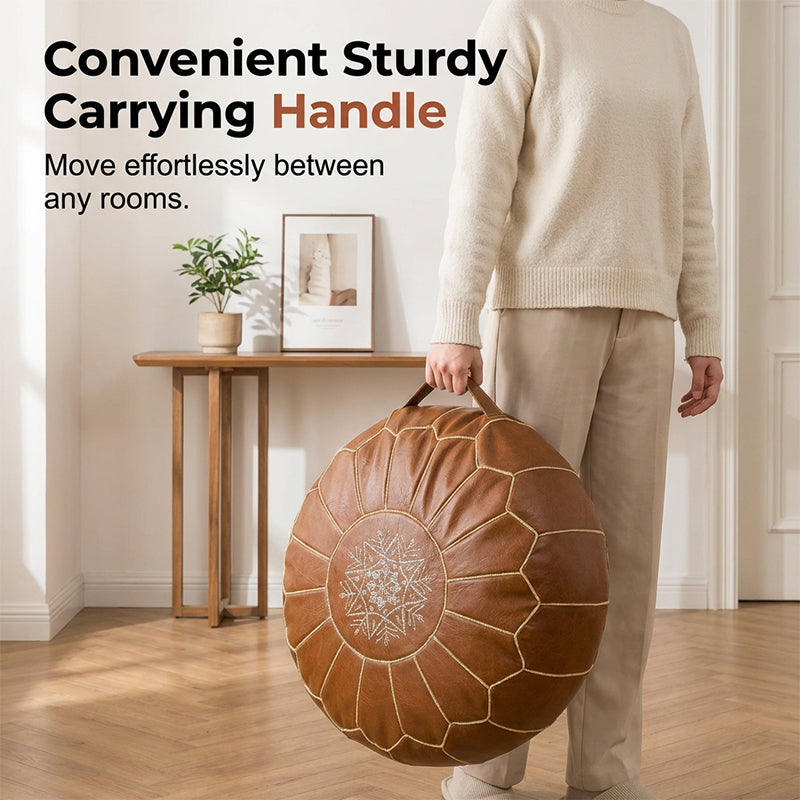 Storage Ottoman Waterproof Embroidered Round Pouf with Side Handle