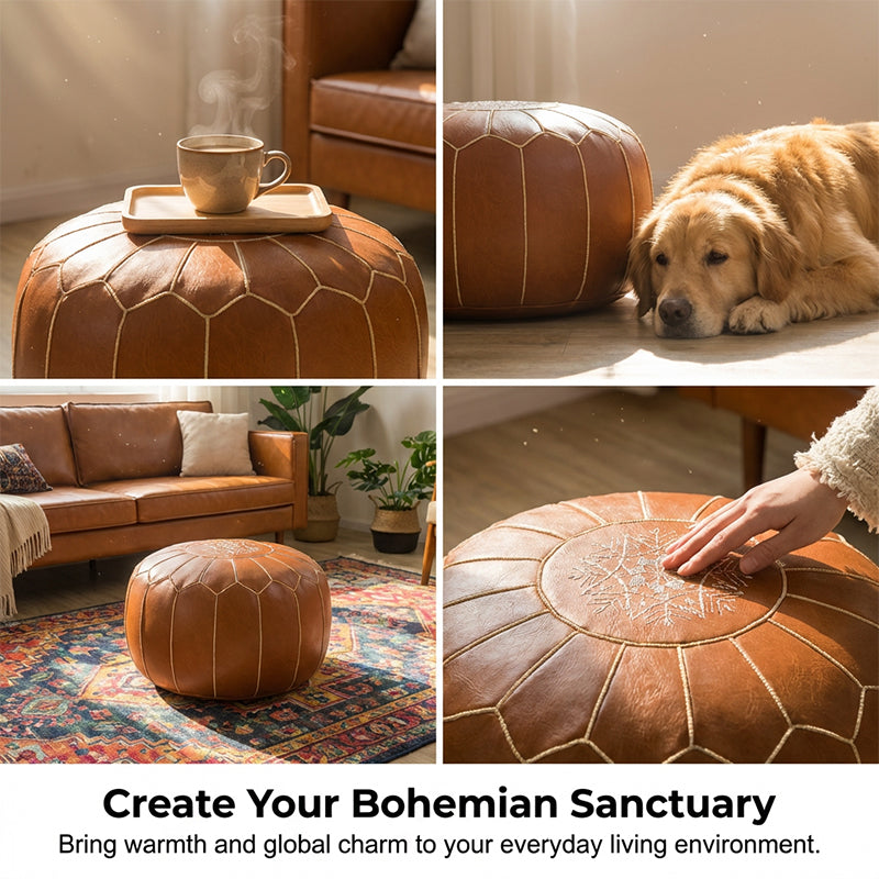 Storage Ottoman Waterproof Embroidered Round Pouf with Side Handle