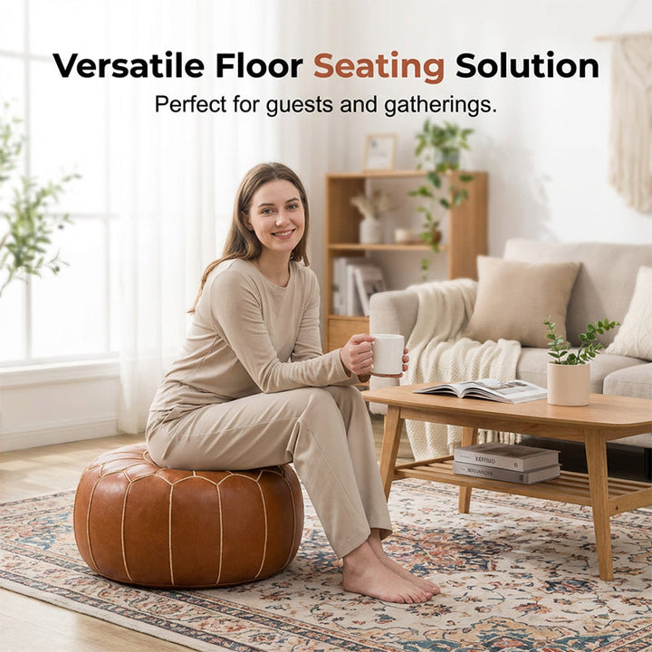 Storage Ottoman Waterproof Embroidered Round Pouf with Side Handle