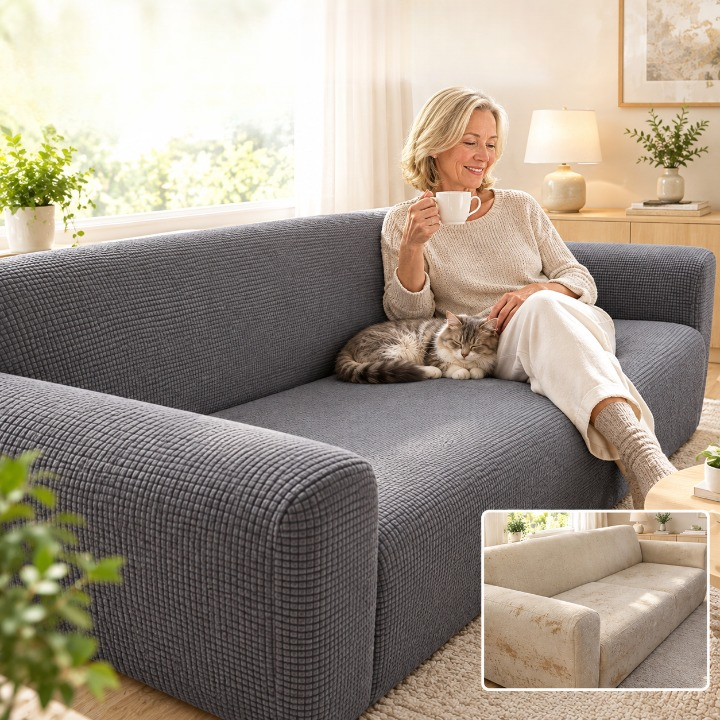 Stretch Sofa Cover Universal Fit Elastic Hem with Non-Slip Foam Strips
