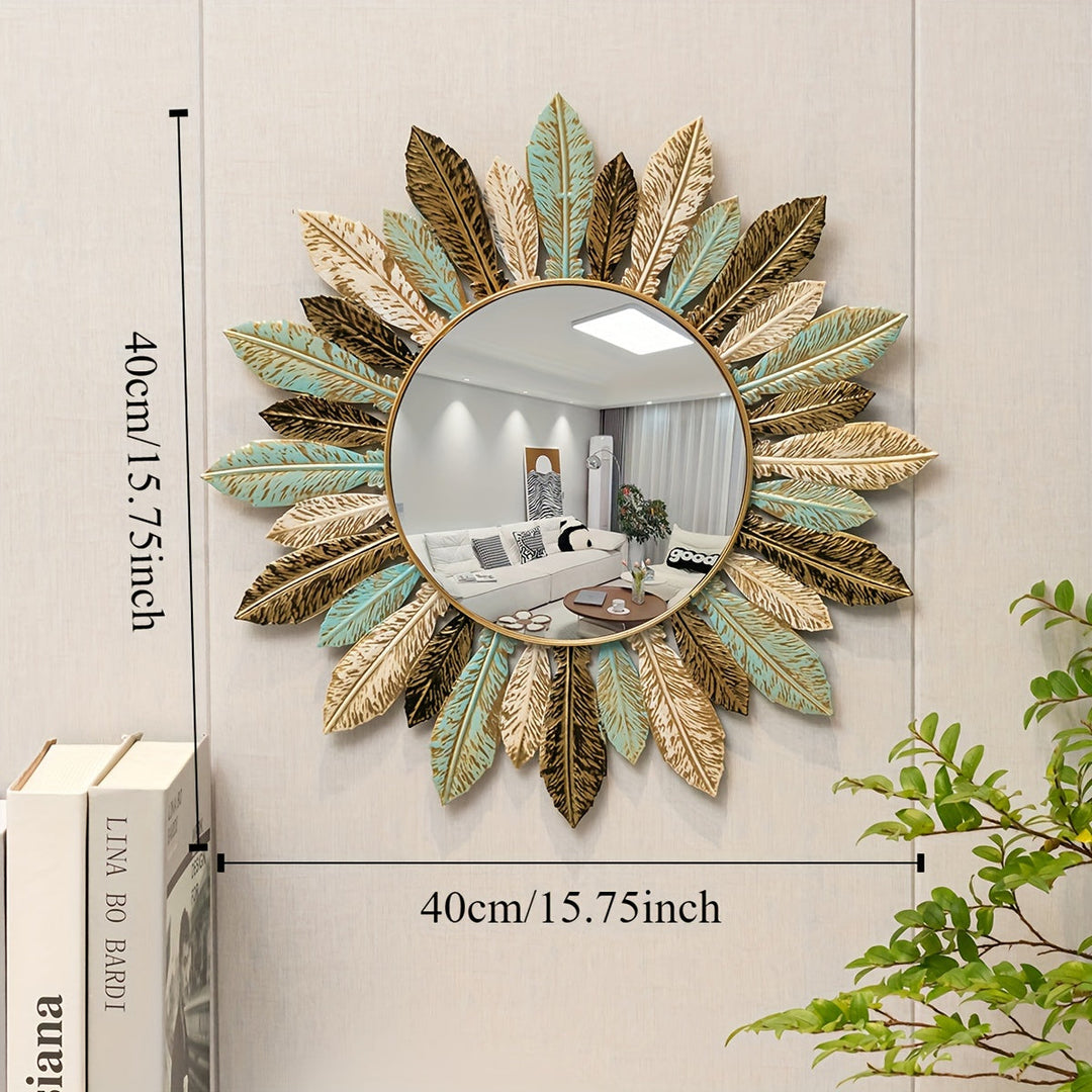 Sunburst Metal Wall Mirror | Handcrafted Leaf Detail Design | Bohemian Accent for Living Room, Bedroom or Hallway