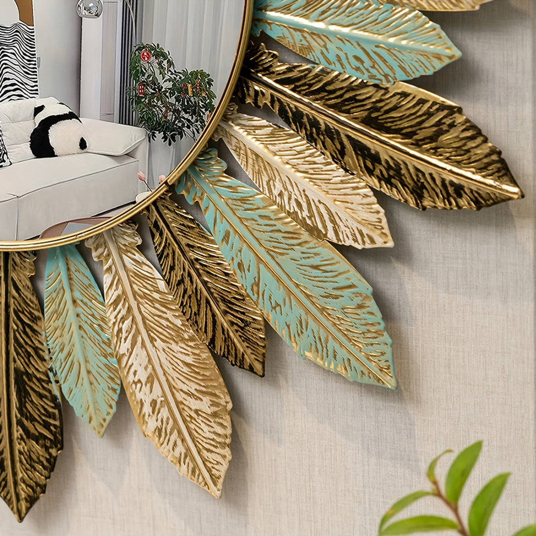 Sunburst Metal Wall Mirror | Handcrafted Leaf Detail Design | Bohemian Accent for Living Room, Bedroom or Hallway