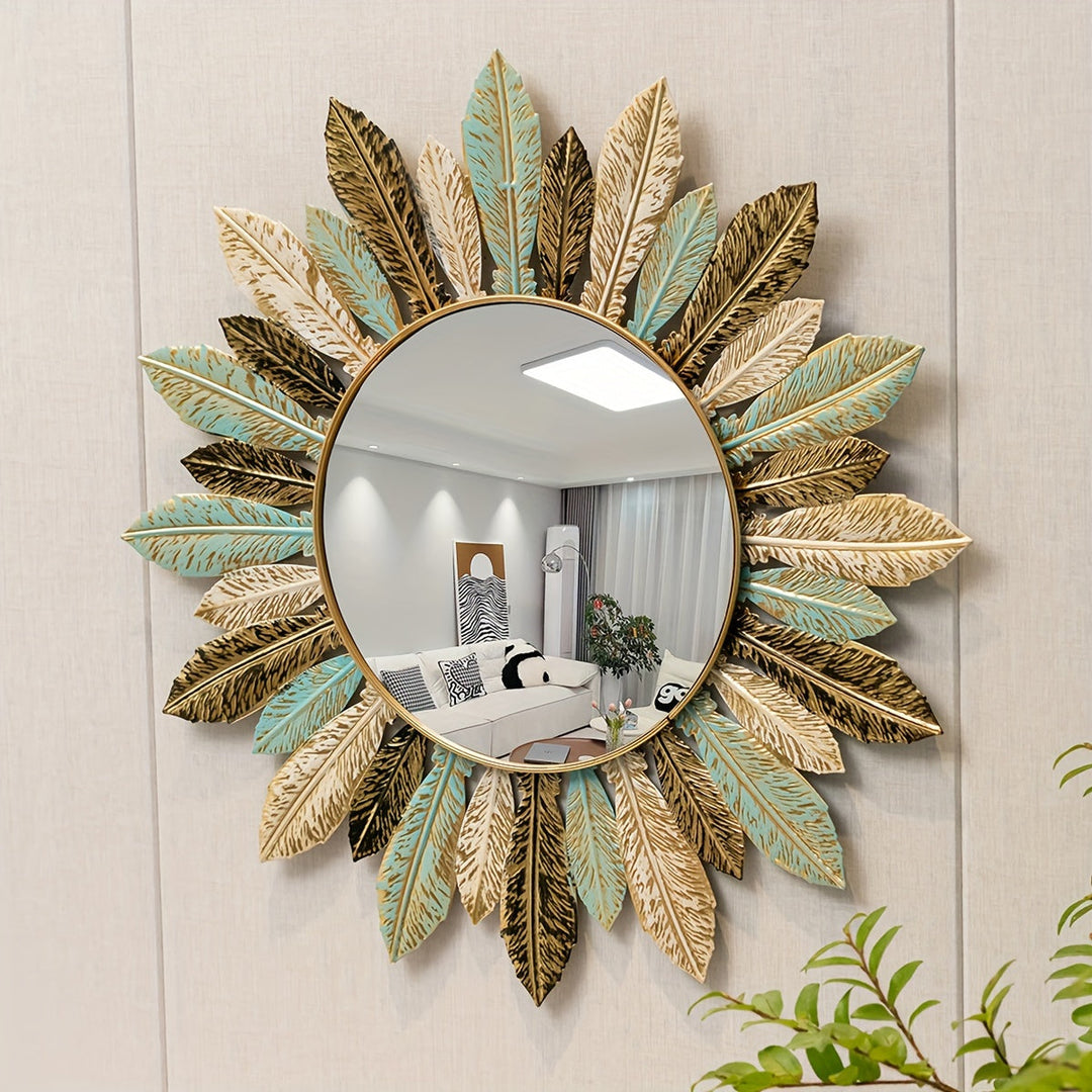Sunburst Metal Wall Mirror | Handcrafted Leaf Detail Design | Bohemian Accent for Living Room, Bedroom or Hallway