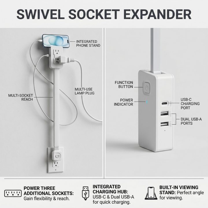 Swivel Socket Expander | 180° Rotation, Built-In Phone Holder