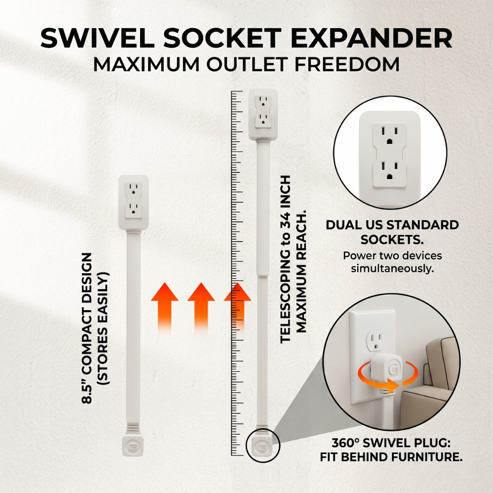 Swivel Socket Expander | 180° Rotation, Built-In Phone Holder