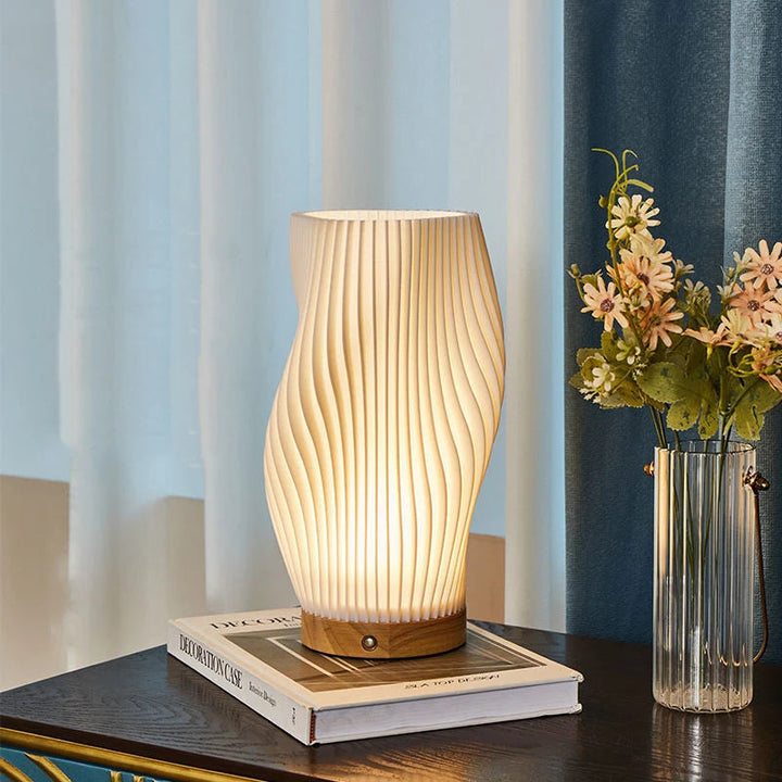 Table Lamp | Wave-Textured Translucent Shade with Warm LED Glow and Wooden Base