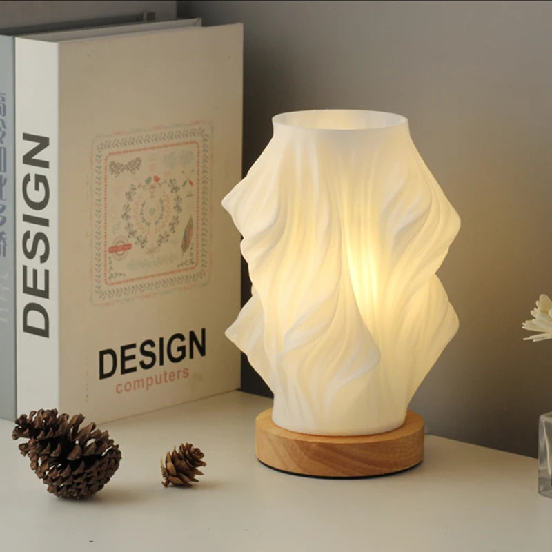 Table Lamp | Wave-Textured Translucent Shade with Warm LED Glow and Wooden Base