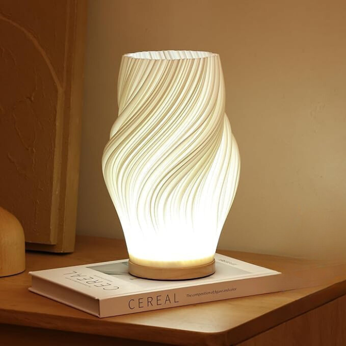 Table Lamp | Wave-Textured Translucent Shade with Warm LED Glow and Wooden Base