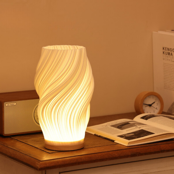 Table Lamp | Wave-Textured Translucent Shade with Warm LED Glow and Wooden Base