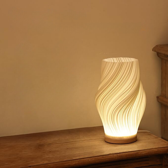 Table Lamp | Wave-Textured Translucent Shade with Warm LED Glow and Wooden Base
