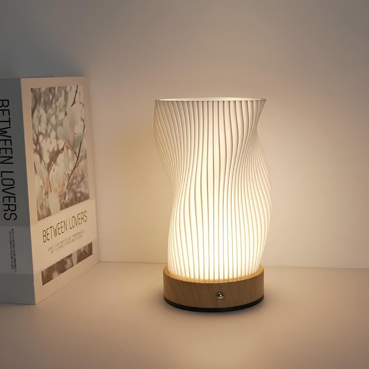 Table Lamp | Wave-Textured Translucent Shade with Warm LED Glow and Wooden Base