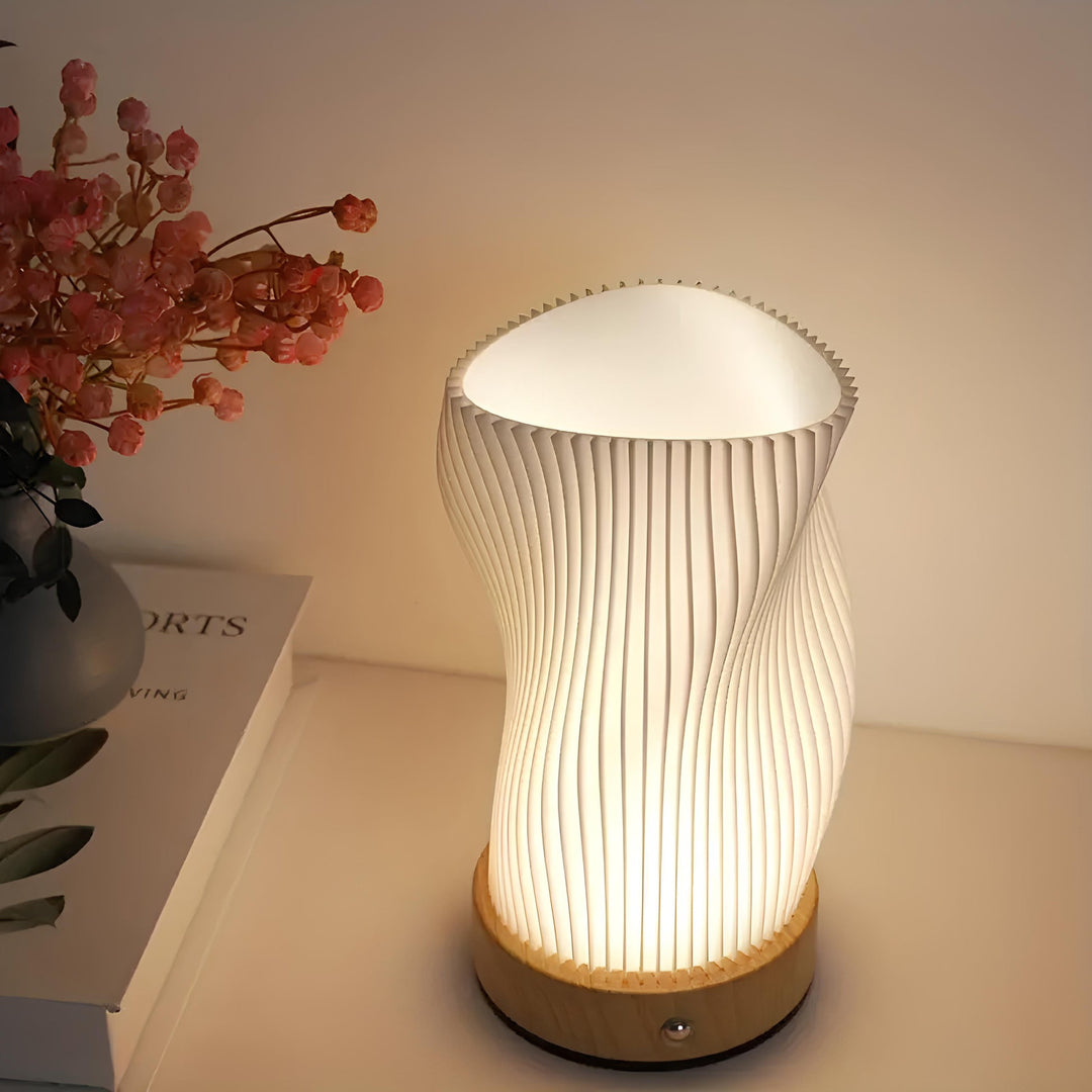 Table Lamp | Wave-Textured Translucent Shade with Warm LED Glow and Wooden Base