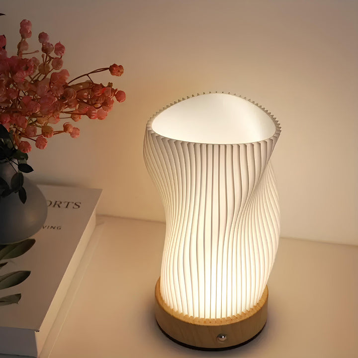 Table Lamp | Wave-Textured Translucent Shade with Warm LED Glow and Wooden Base