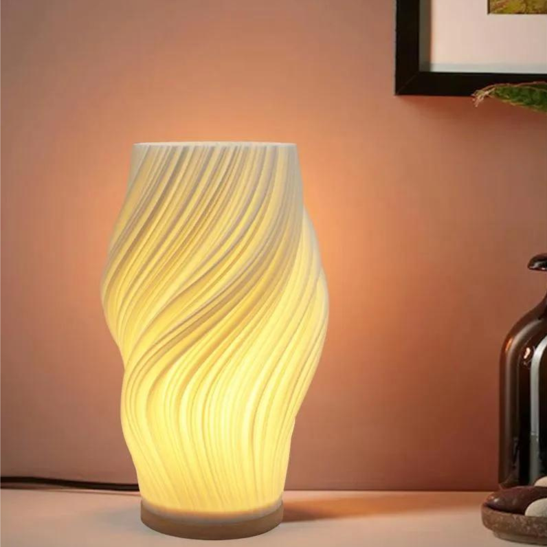 Table Lamp | Wave-Textured Translucent Shade with Warm LED Glow and Wooden Base