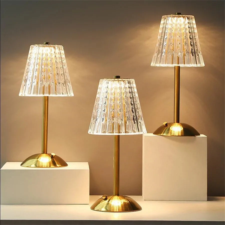 Table Lamp with Faceted Crystal Shade | Tri-Colour USB-C Rechargeable, 1200mAh Battery | Metal Base for Ambient Lighting