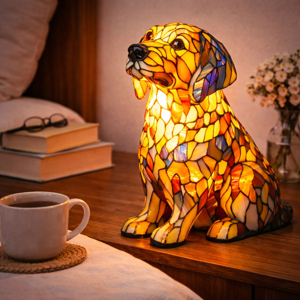 Stained Glass Dog Table Lamp Resin Base | Mosaic LED Night Light with Button Switch | USB-Powered Decor for Bedroom, Desk or Shelf 8