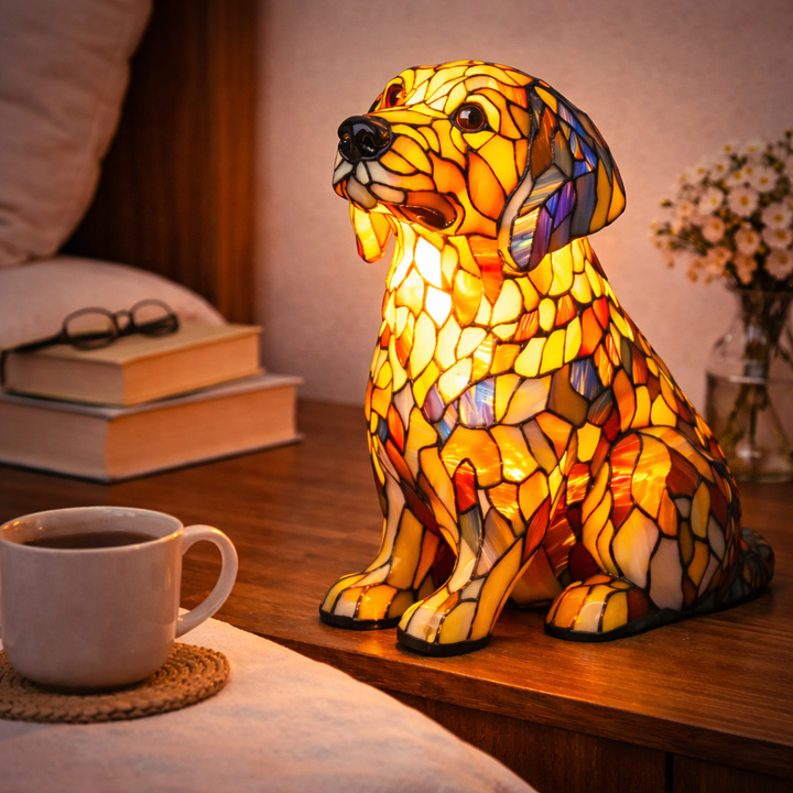 Stained Glass Dog Table Lamp Resin Base | Mosaic LED Night Light with Button Switch | USB-Powered Decor for Bedroom, Desk or Shelf 8