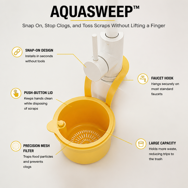 Tap-Mount Sink Strainer, ABS/Stainless Mesh, 3.27 x 5.59 x 7.95 in | White, Yellow, Green | Hands-Free Lid Stops Clogs