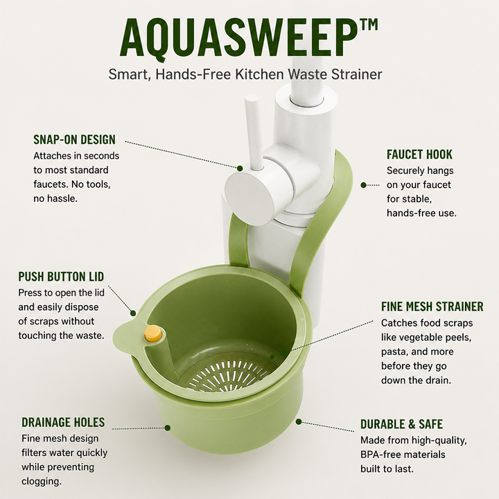Tap-Mount Sink Strainer, ABS/Stainless Mesh, 3.27 x 5.59 x 7.95 in | White, Yellow, Green | Hands-Free Lid Stops Clogs