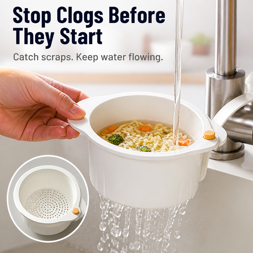 Tap-Mount Sink Strainer, ABS/Stainless Mesh, 3.27 x 5.59 x 7.95 in | White, Yellow, Green | Hands-Free Lid Stops Clogs