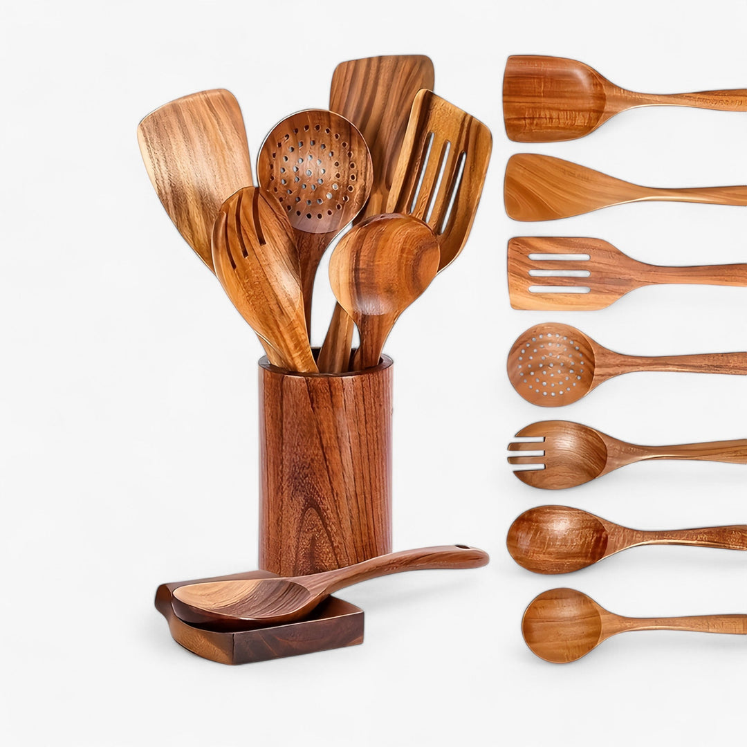 Teak Kitchen Utensil Set | Nine Pieces With A Holder And Rest