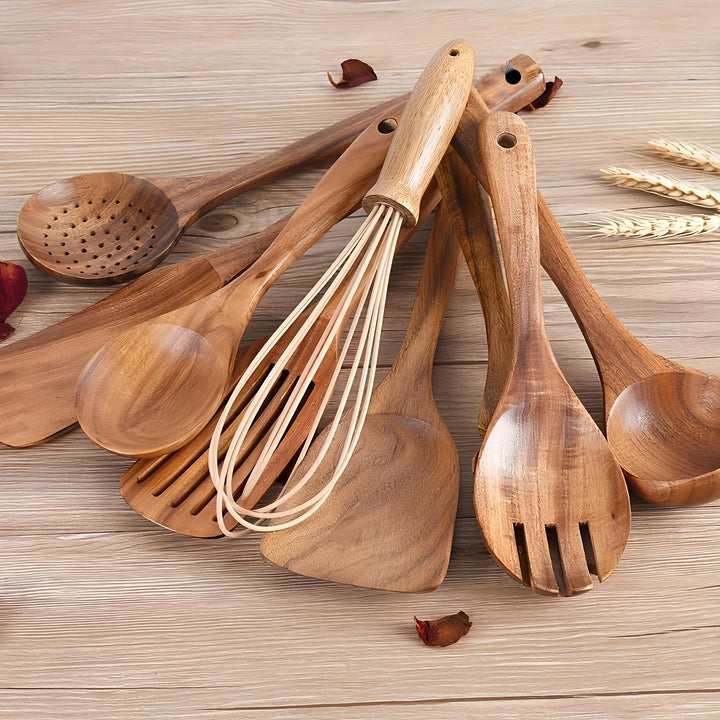 Teak Wood Kitchen Utensil Set 10-Piece | Scratch-Free on Non-Stick Pans | Includes Spoons, Spatula, Ladle and More