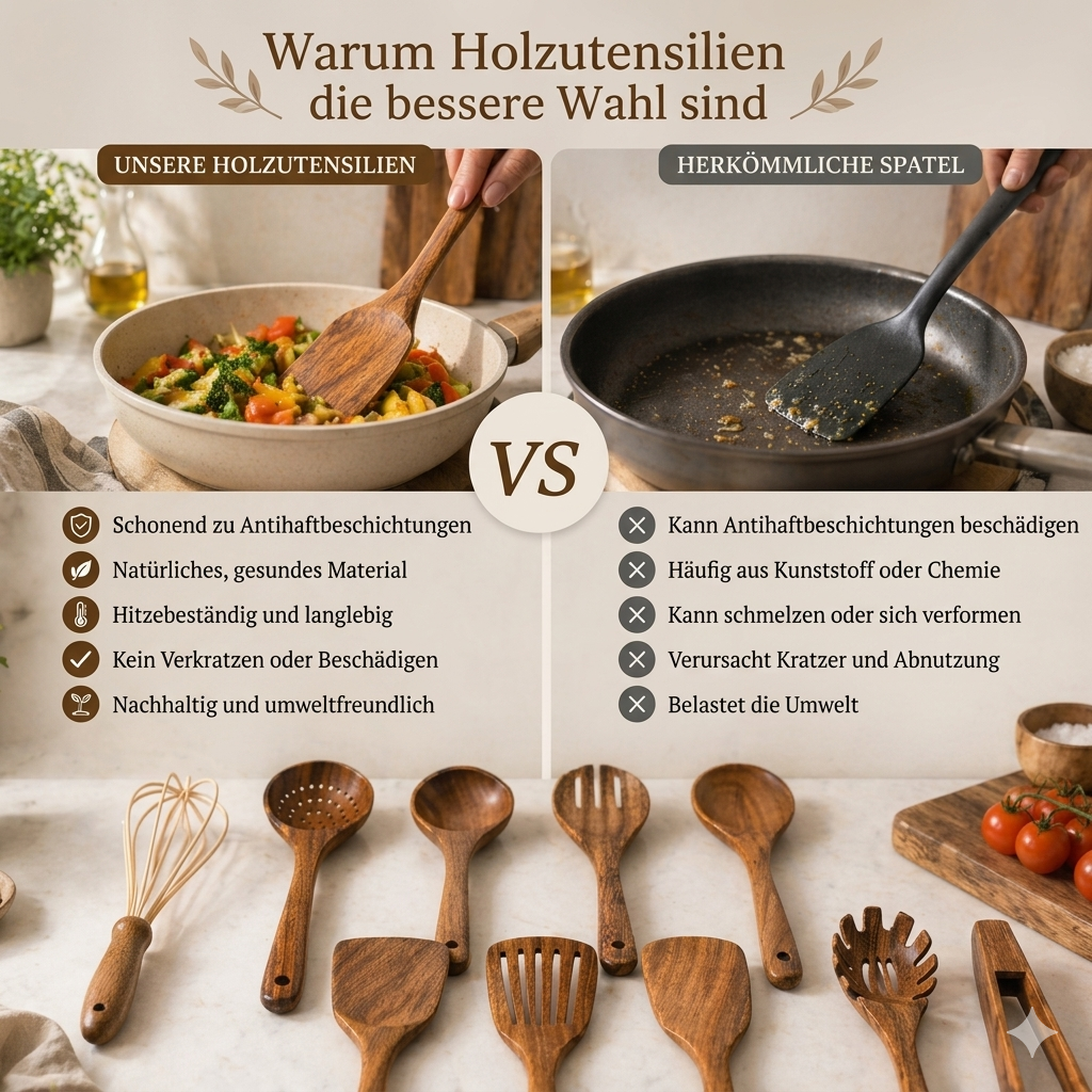 Teak Wood Kitchen Utensil Set 10-Piece | Scratch-Free on Non-Stick Pans | Includes Spoons, Spatula, Ladle and More