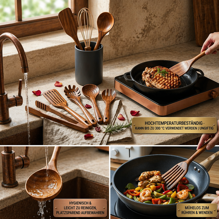 Teak Wood Kitchen Utensil Set 10-Piece | Scratch-Free on Non-Stick Pans | Includes Spoons, Spatula, Ladle and More