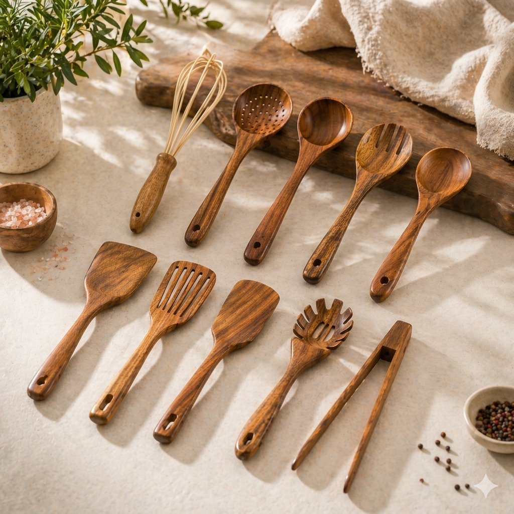 Teak Wood Kitchen Utensil Set 10-Piece | Scratch-Free on Non-Stick Pans | Includes Spoons, Spatula, Ladle and More