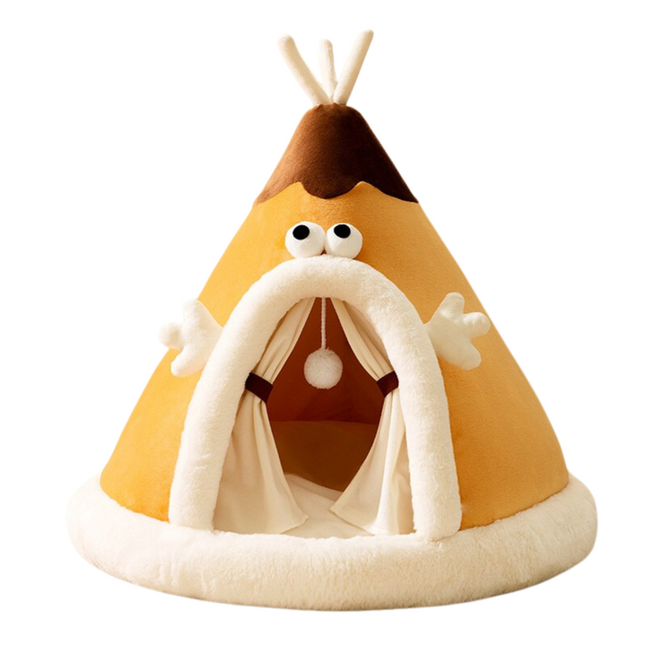 Tipi Cat Bed Plush Fluffy Padded Base Removable Cushion with Hanging Ball