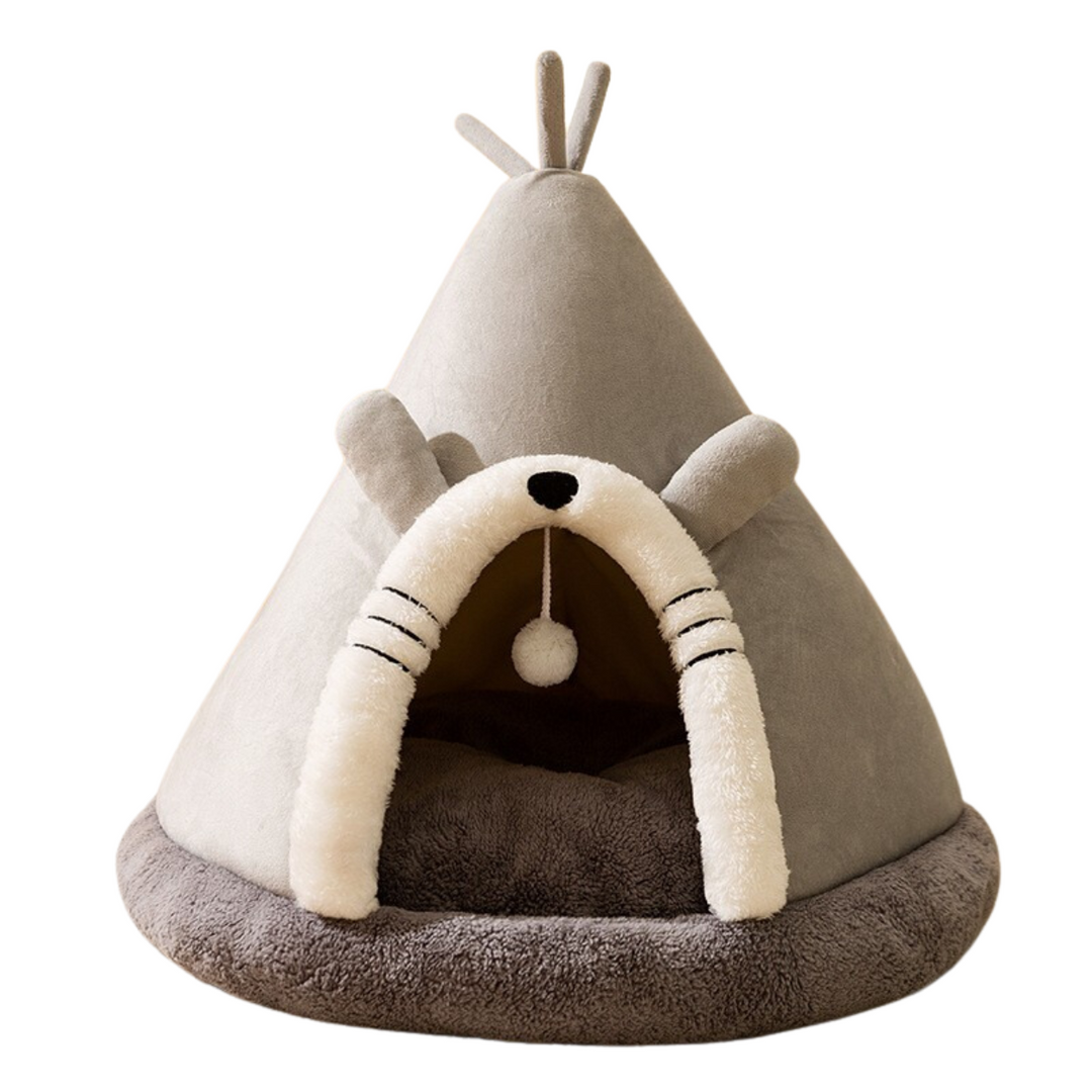 Tipi Cat Bed Plush Fluffy Padded Base Removable Cushion with Hanging Ball