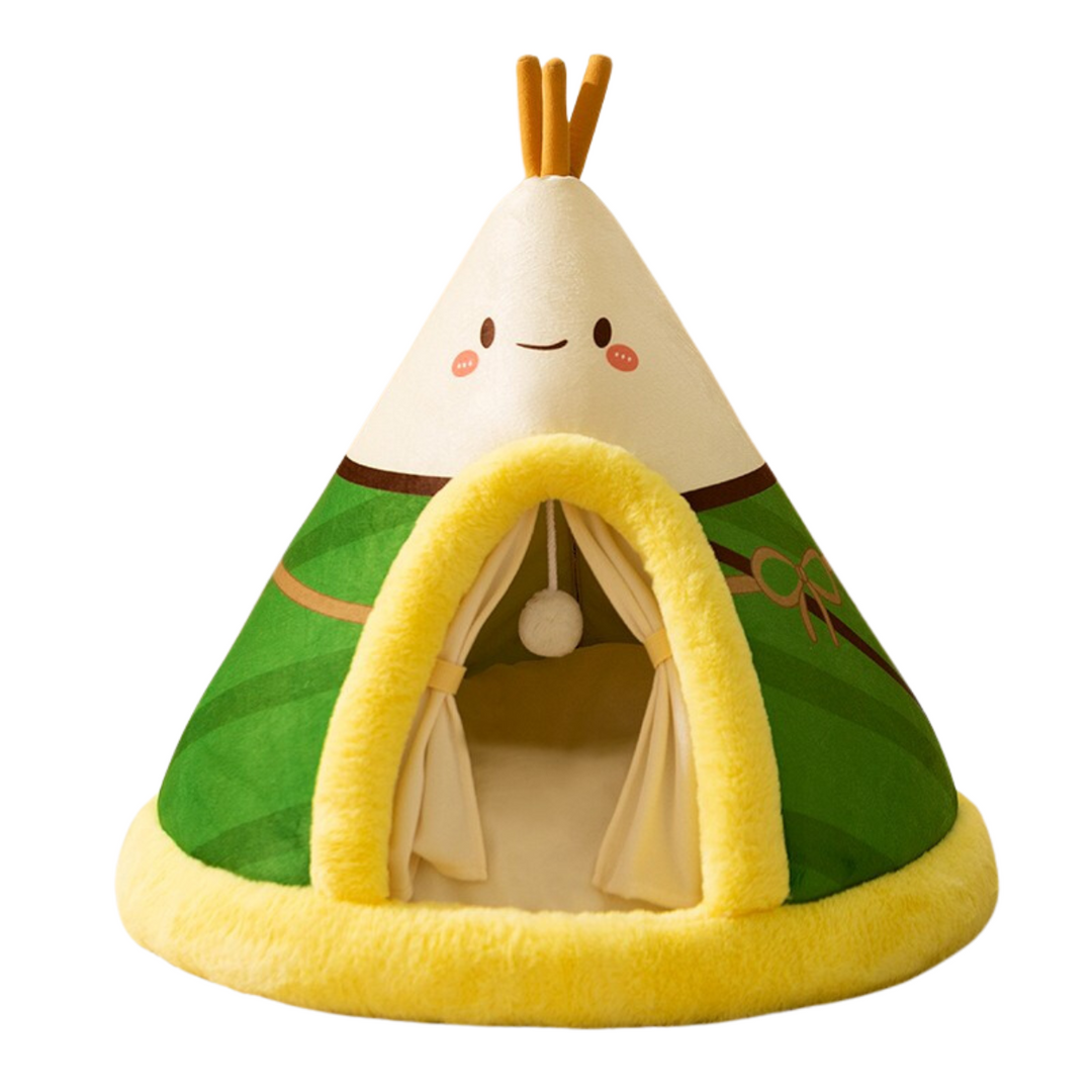 Tipi Cat Bed Plush Fluffy Padded Base Removable Cushion with Hanging Ball
