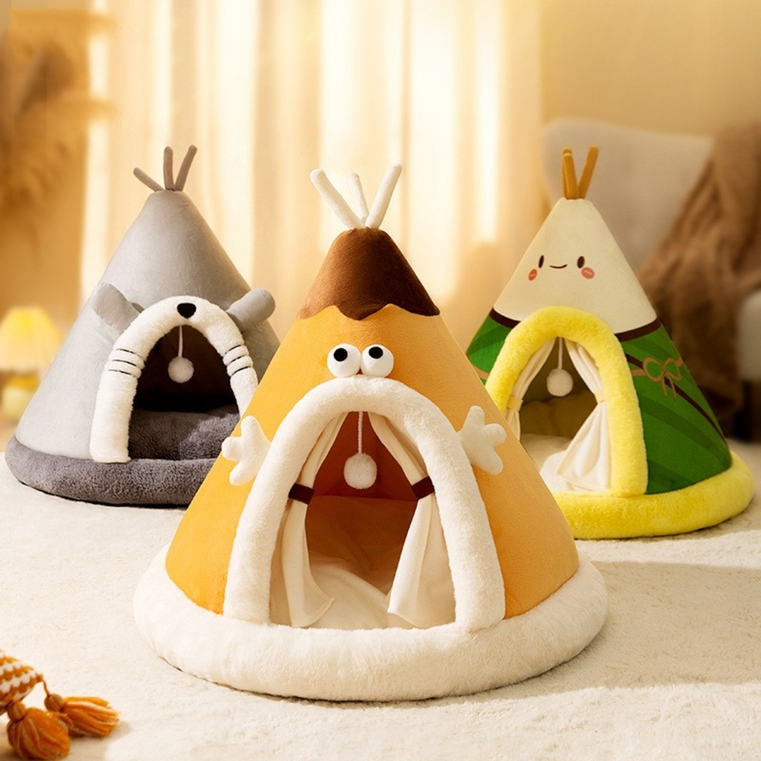 Tipi Cat Bed Plush Fluffy Padded Base Removable Cushion with Hanging Ball