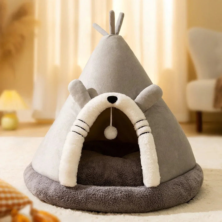Tipi Cat Bed Plush Fluffy Padded Base Removable Cushion with Hanging Ball