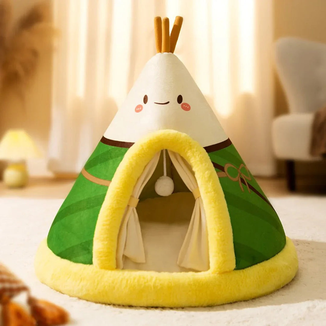 Tipi Cat Bed Plush Fluffy Padded Base Removable Cushion with Hanging Ball