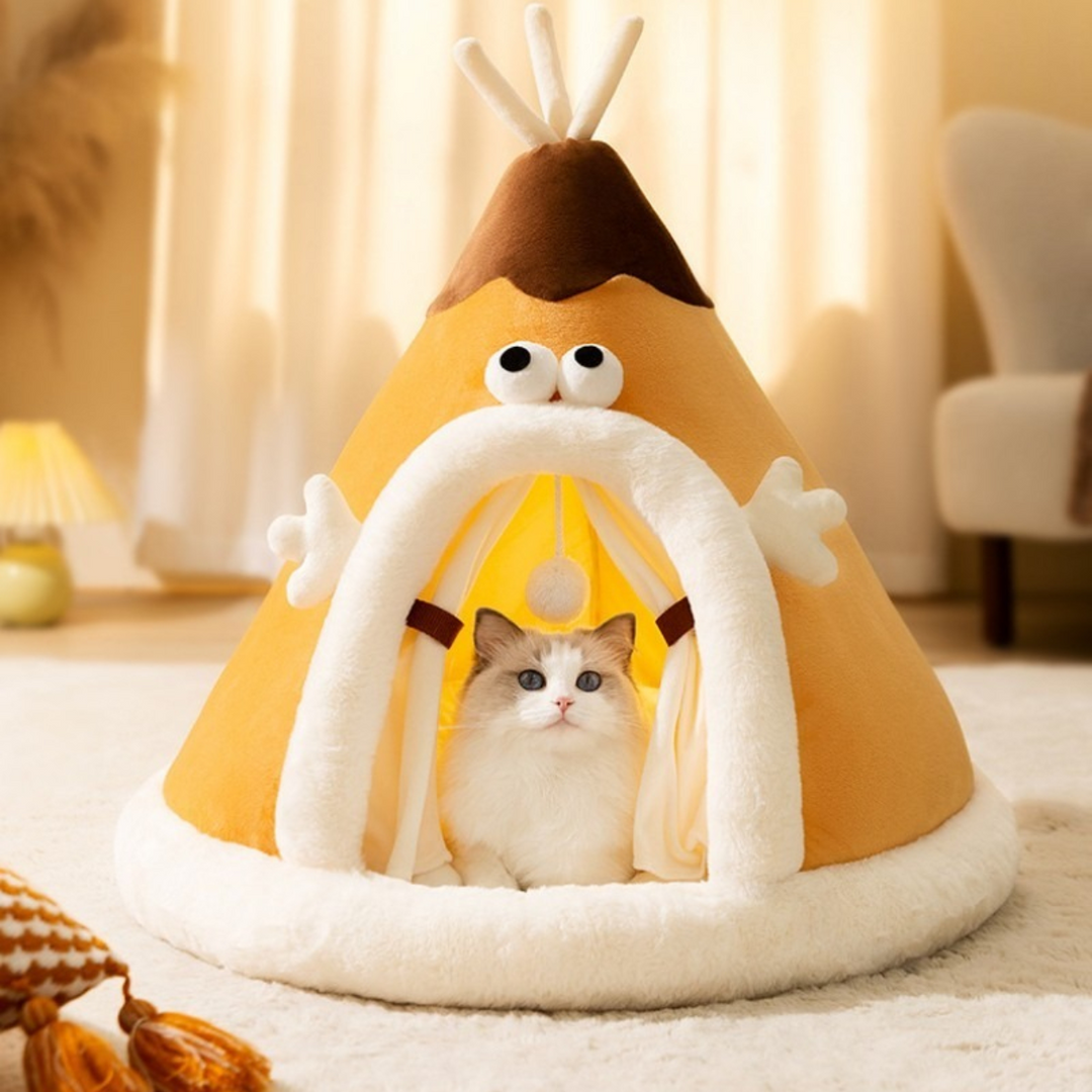 Tipi Cat Bed Plush Fluffy Padded Base Removable Cushion with Hanging Ball