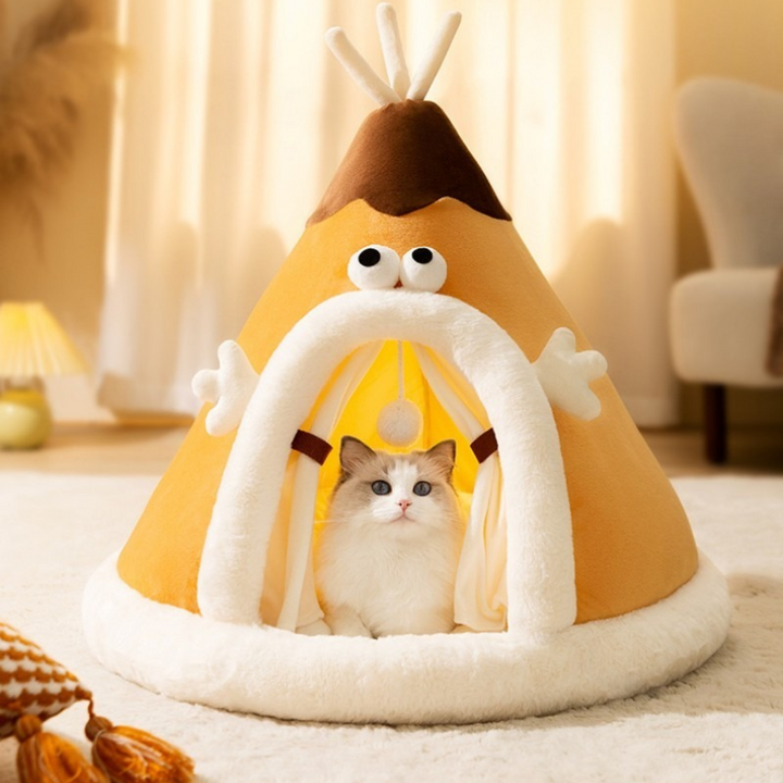 Tipi Cat Bed Plush Fluffy Padded Base Removable Cushion with Hanging Ball