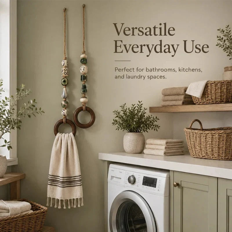 Towel Hanger Rustic Wall Mounted Wood Jute Lightweight with Ceramic Beads