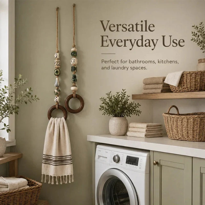 Towel Hanger Rustic Wall Mounted Wood Jute Lightweight with Ceramic Beads