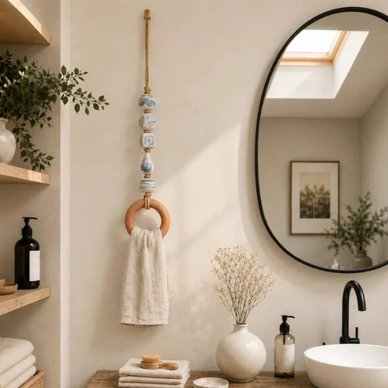 Towel Hanger Rustic Wall Mounted Wood Jute Lightweight with Ceramic Beads