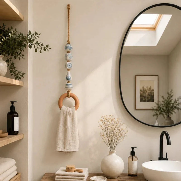Towel Hanger Rustic Wall Mounted Wood Jute Lightweight with Ceramic Beads