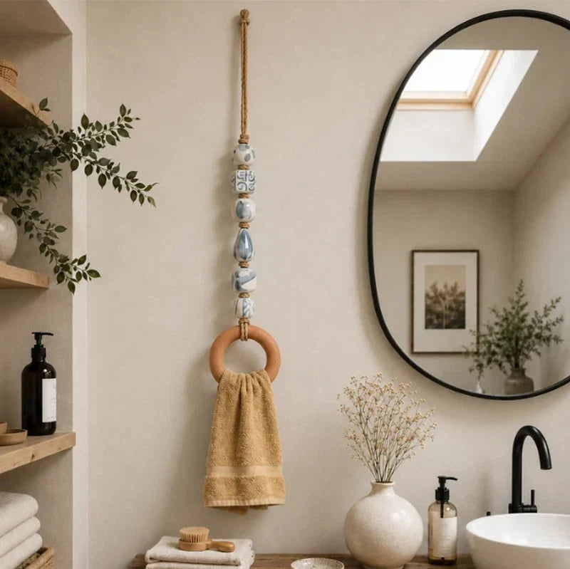 Towel Hanger Rustic Wall Mounted Wood Jute Lightweight with Ceramic Beads