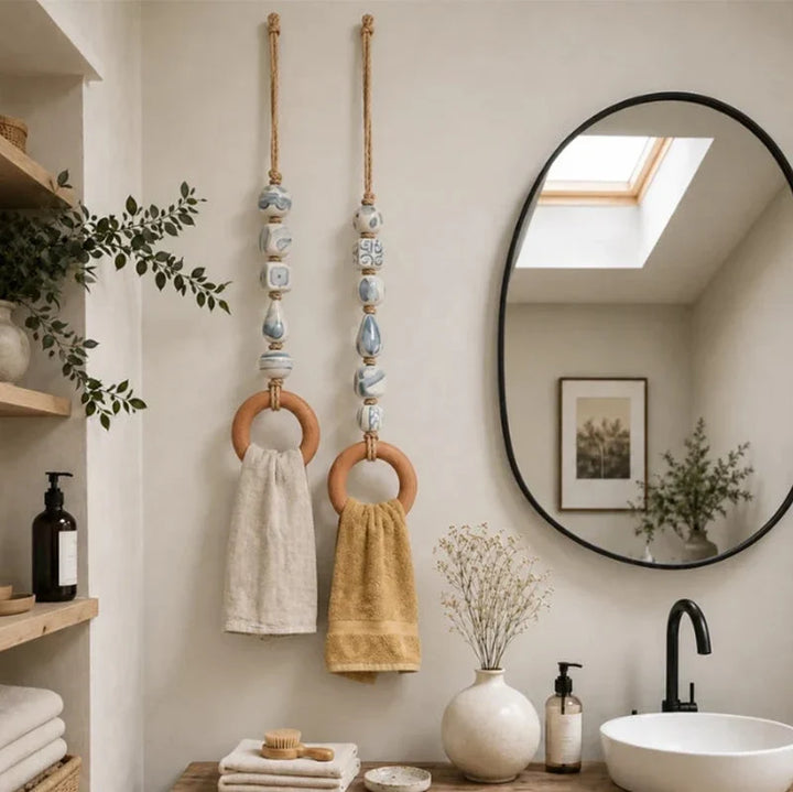 Towel Hanger Rustic Wall Mounted Wood Jute Lightweight with Ceramic Beads