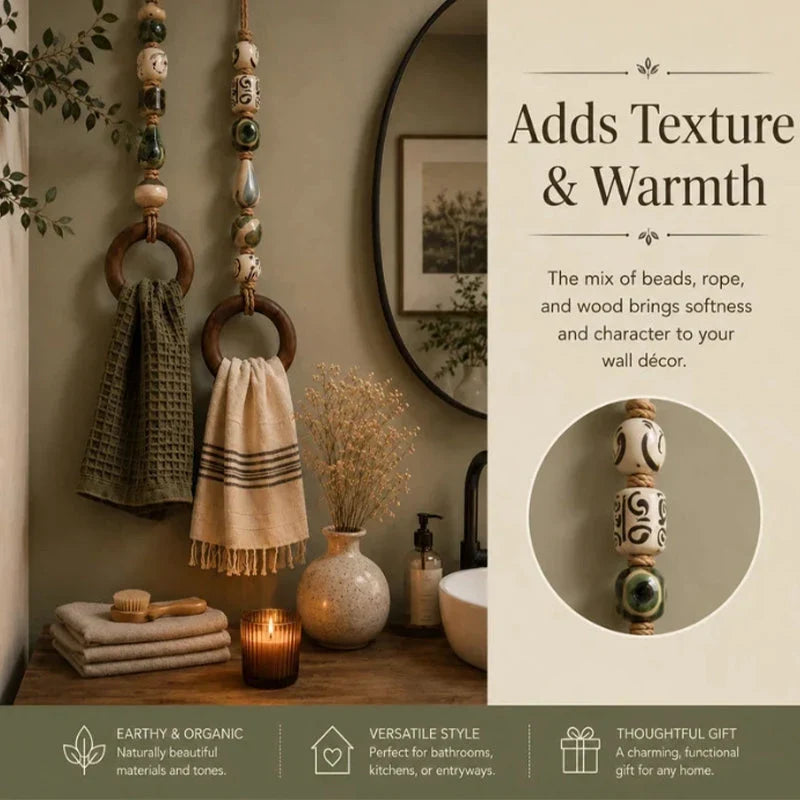 Towel Hanger Rustic Wall Mounted Wood Jute Lightweight with Ceramic Beads