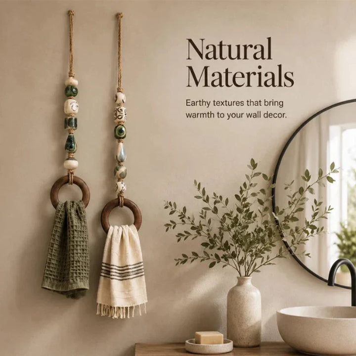Towel Hanger Rustic Wall Mounted Wood Jute Lightweight with Ceramic Beads