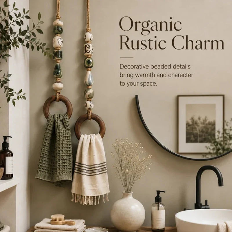 Towel Hanger Rustic Wall Mounted Wood Jute Lightweight with Ceramic Beads